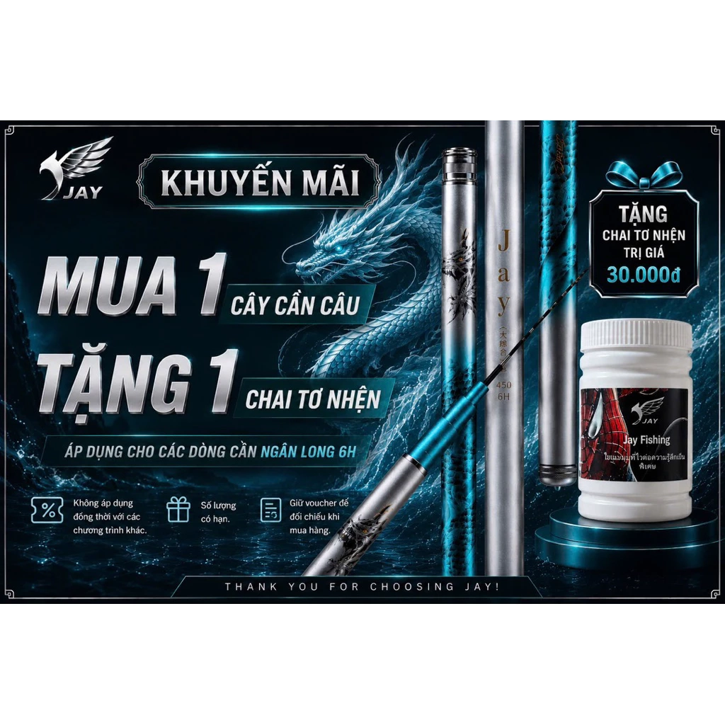 MUA 1 CẦN TẶNG 1 TƠ NHỆN CHÍNH HÃNG. Cần câu đài 6H Ngân Long hãng JayFishng